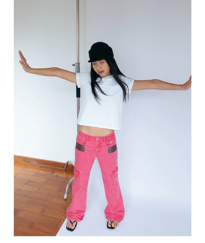 Pink Rivet Flare Cargo Pants product photo