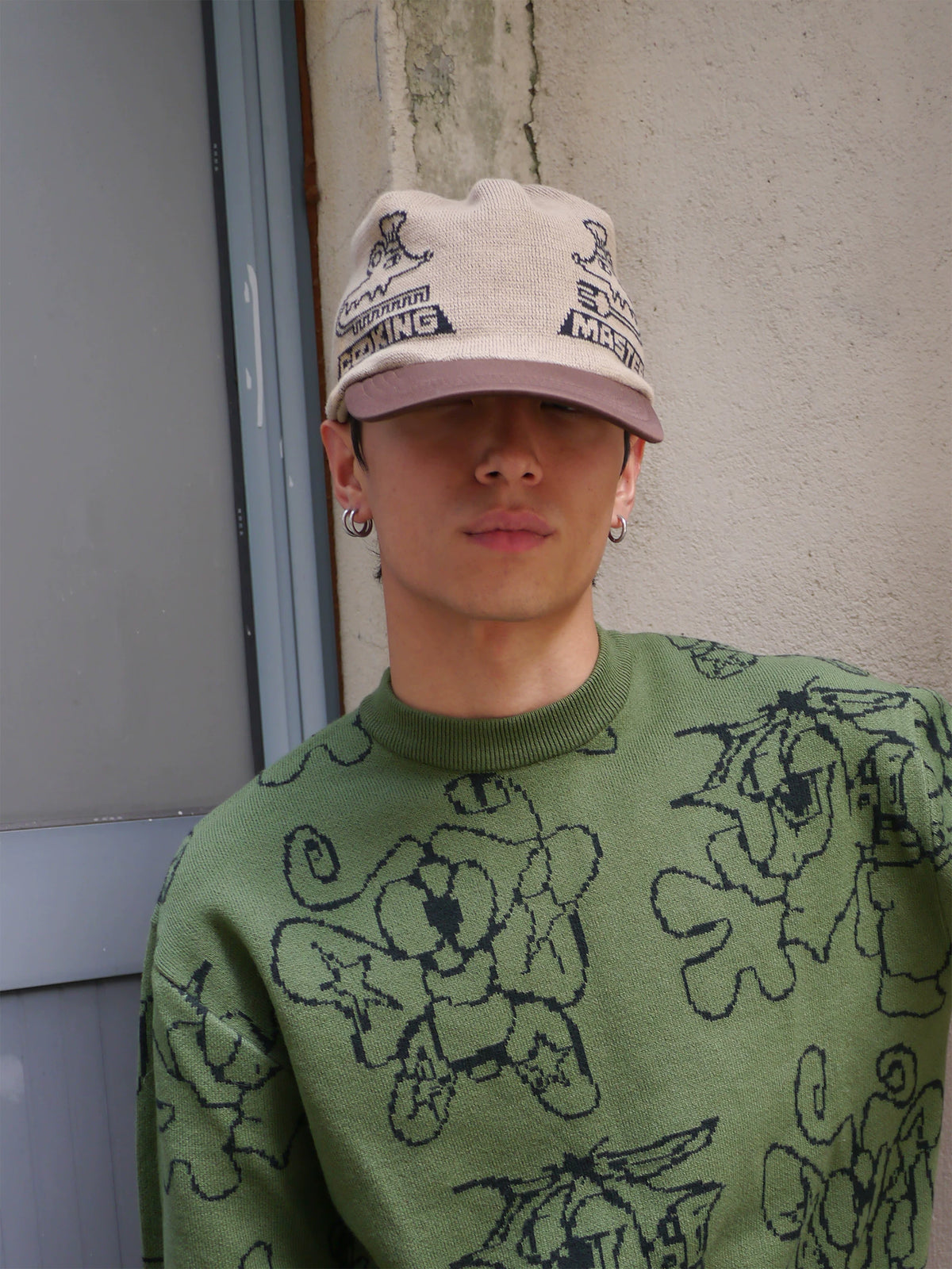 Graphic Embroidered Knit Beanie in Brown and Blue color