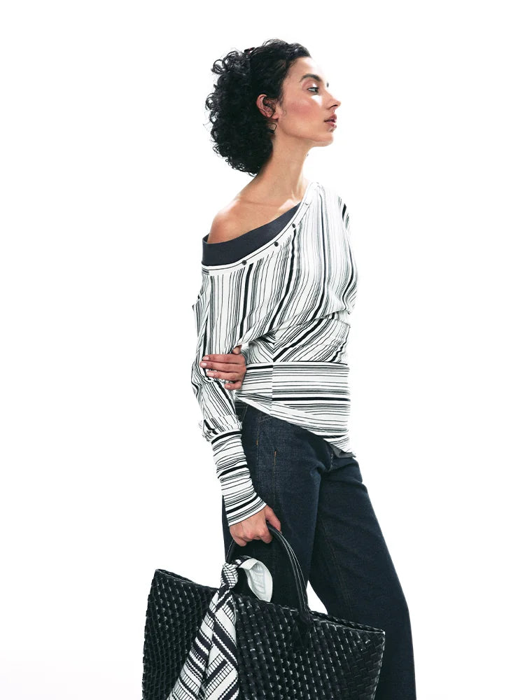 Striped One-Shoulder Long Sleeve Top product view