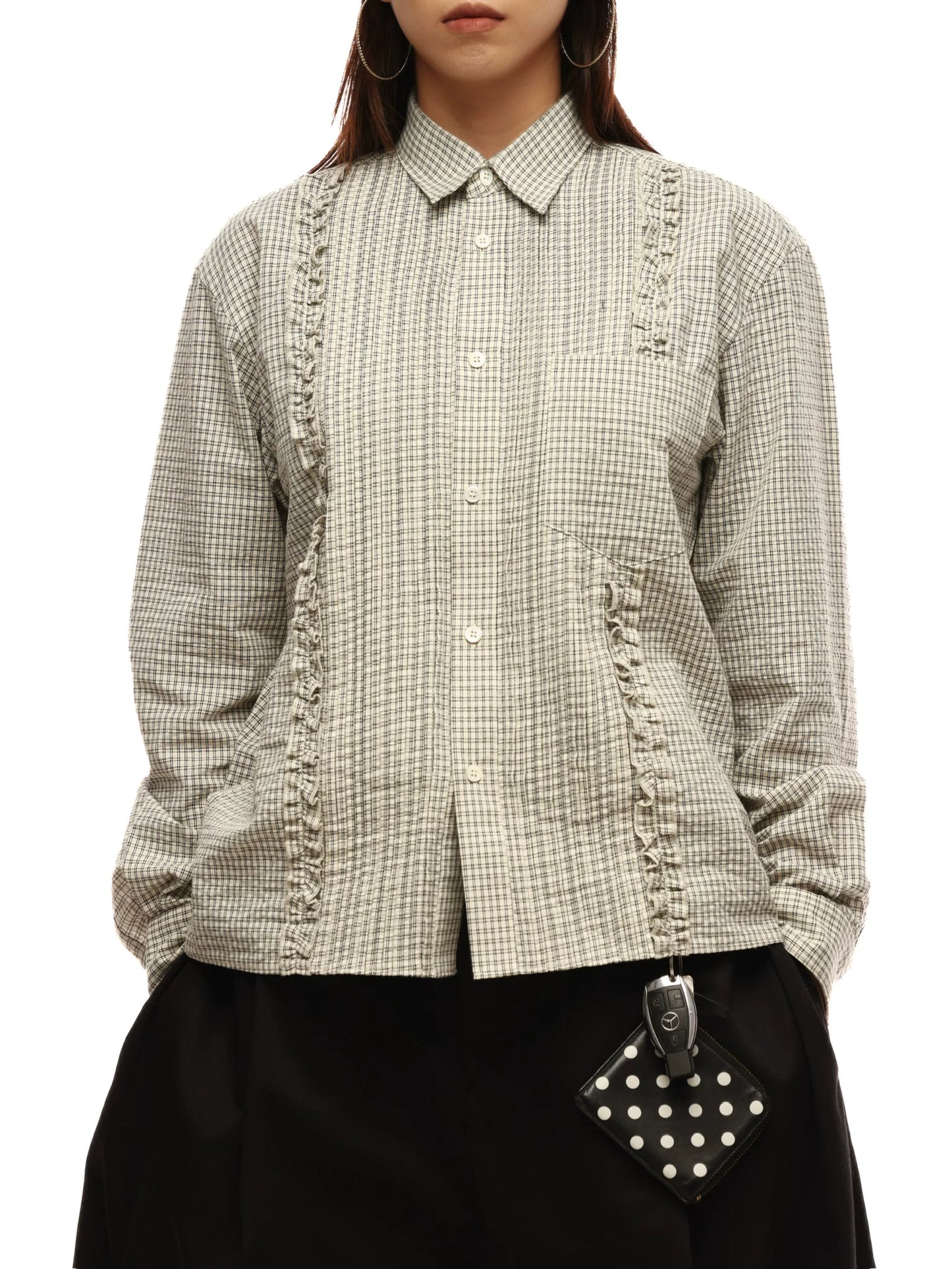 Vintage Pleated Cotton Plaid Collared Shirt