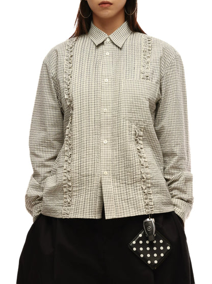 Vintage Pleated Cotton Plaid Collared Shirt