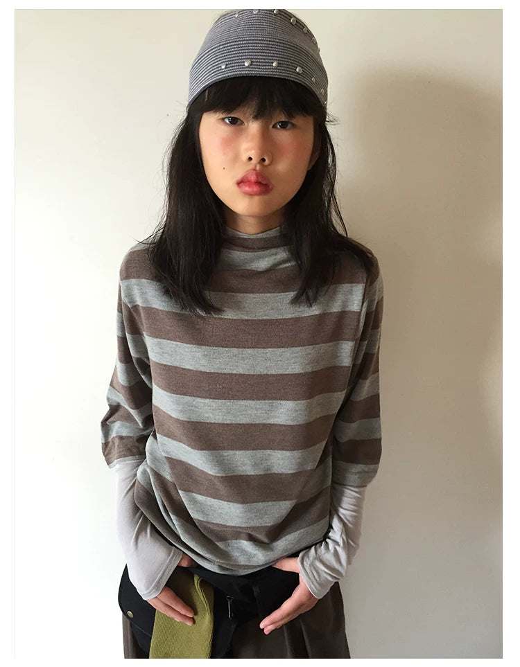 Brown Stripe Mock-Neck Three-Quarter Sleeve Tee