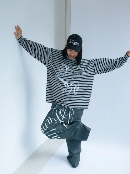 Hand Drawn Print Wide Leg Trousers