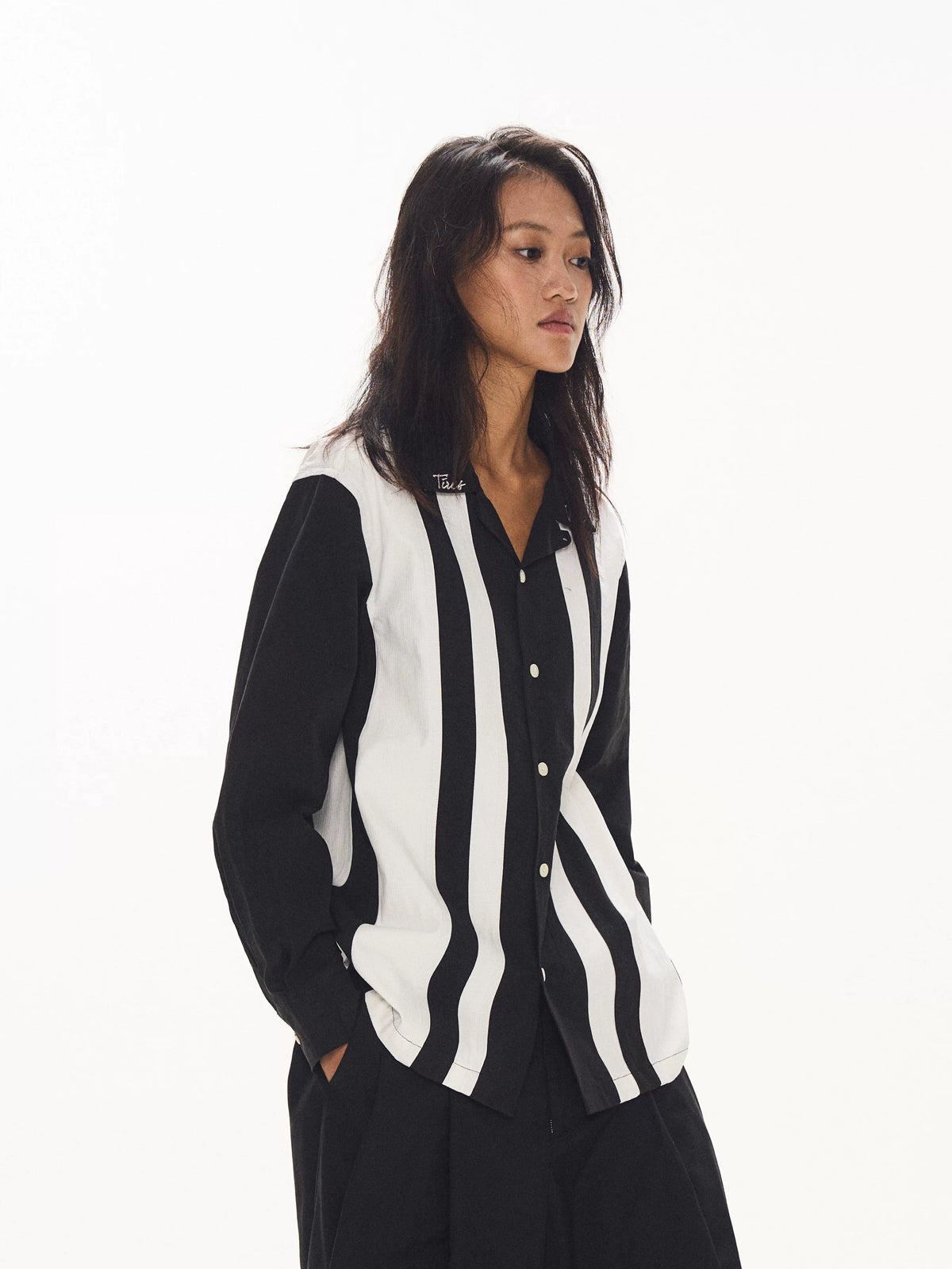 Contrast Stripe Button Up Shirt black and white front view