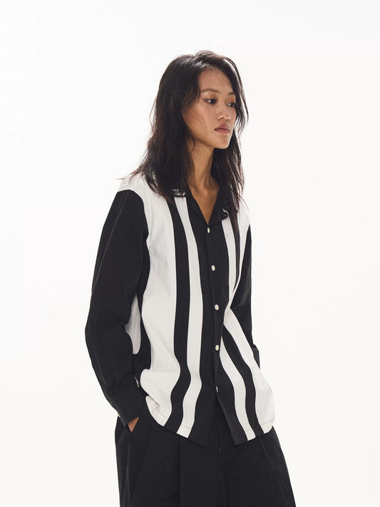 Contrast Stripe Button Up Shirt black and white front view