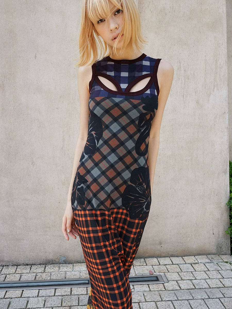 TropicEye Plaid Mesh Sleeveless Long Dress