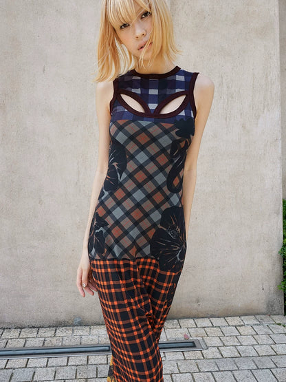TropicEye Plaid Mesh Sleeveless Long Dress
