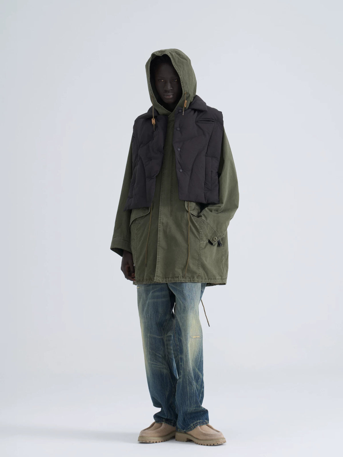 Color Block Puffer Vest olive front view
