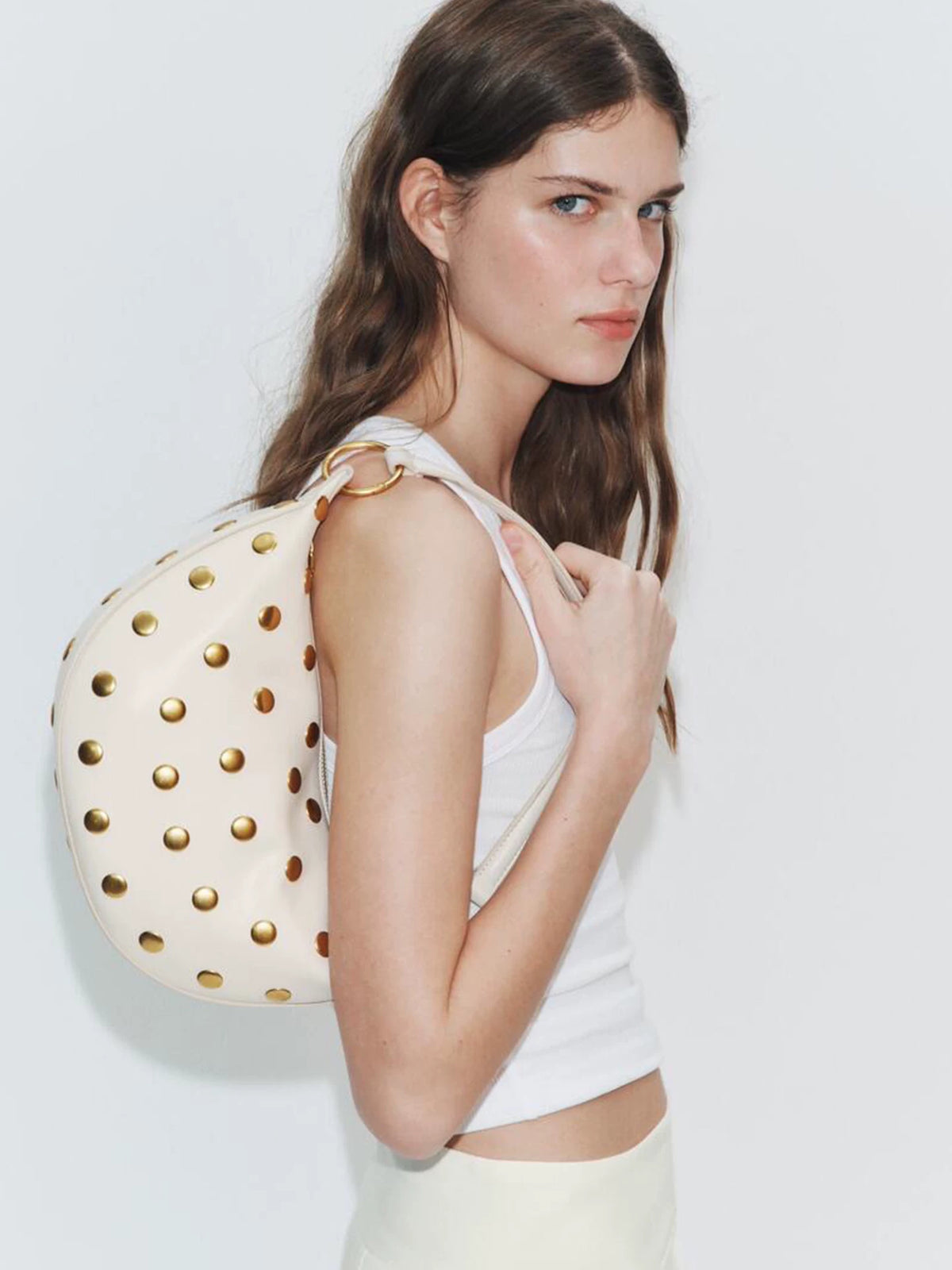 Studded Crescent Shoulder Bag on model