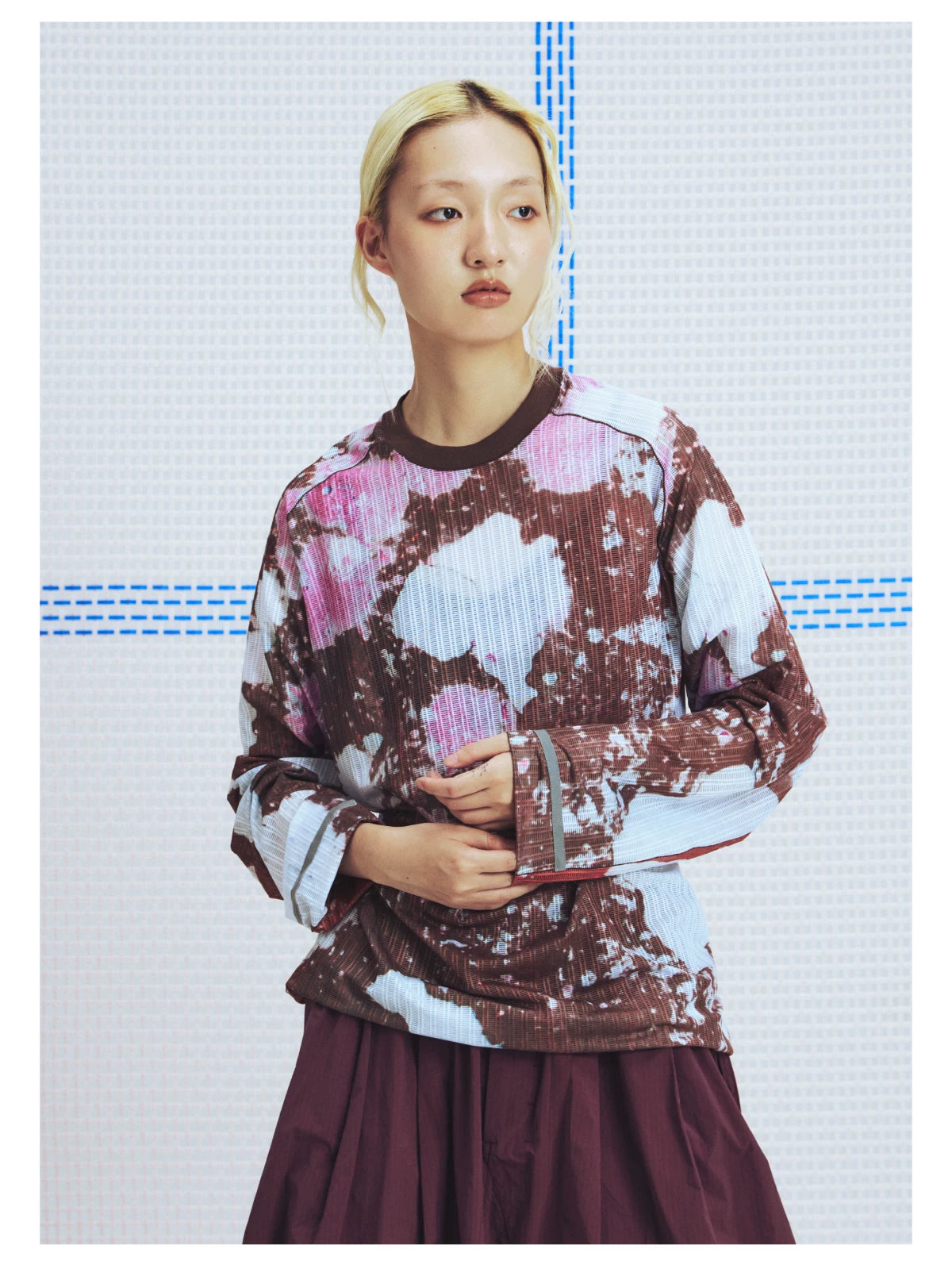 Peach pink nature print mesh long sleeve T-shirt, front view