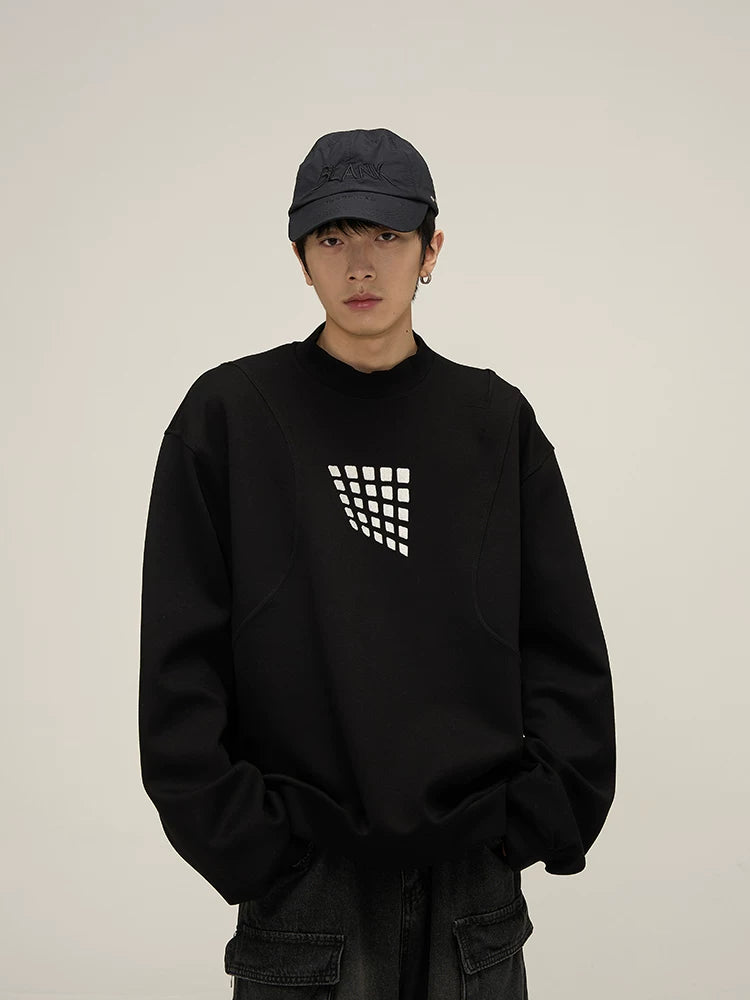 Grid Motif Relaxed Crewneck Sweatshirt in black