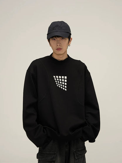 Grid Motif Relaxed Crewneck Sweatshirt in black