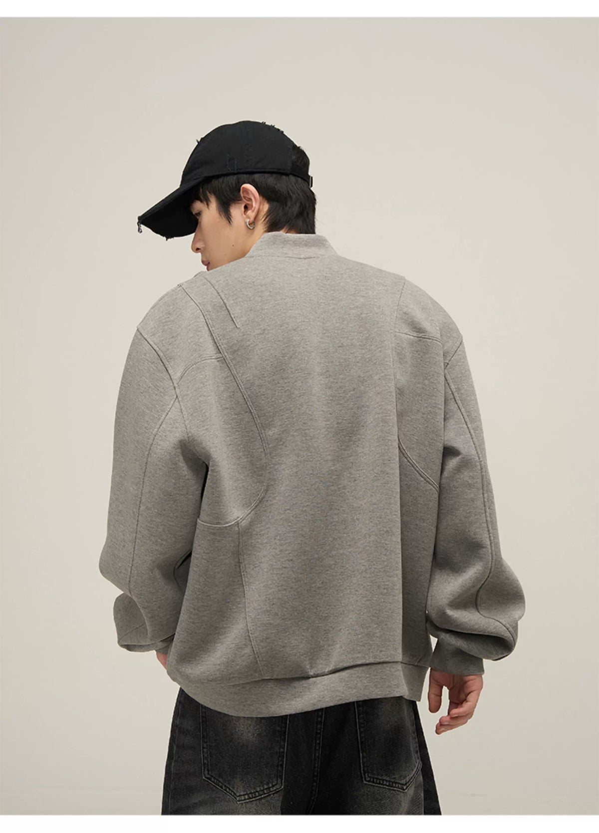 Grid Motif Relaxed Crewneck Sweatshirt in gray