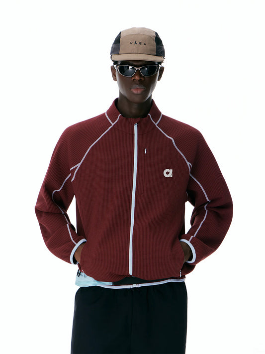 Burgundy waffle-knit zip track jacket, front view