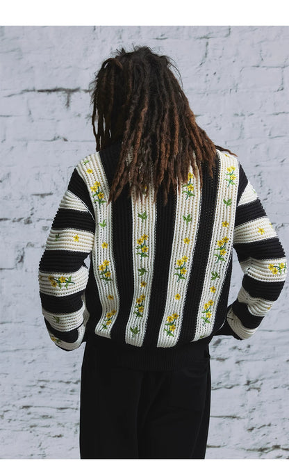 Contrast Floral Embroidered Cardigan