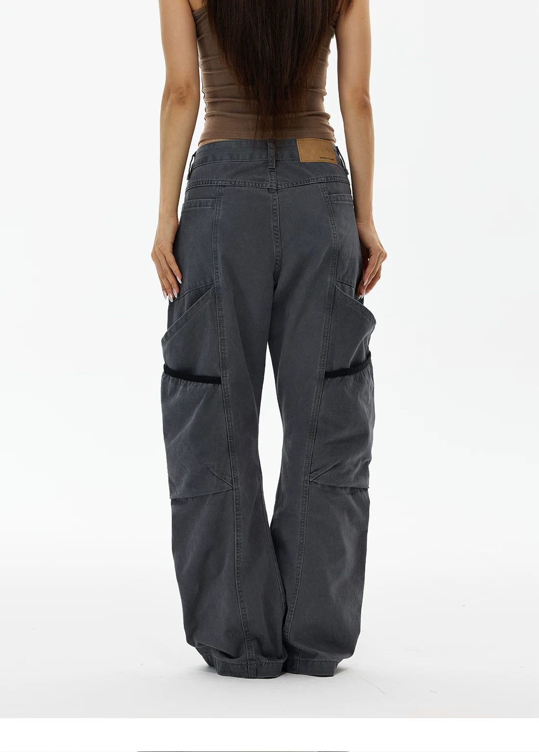 Charcoal wide-leg cargo pants, back view