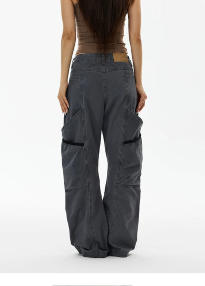 Charcoal wide-leg cargo pants, back view