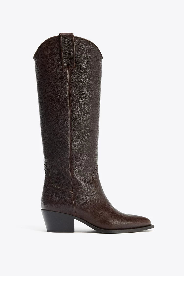 Women's Leather Pointed Toe Western Knee-High Boots
