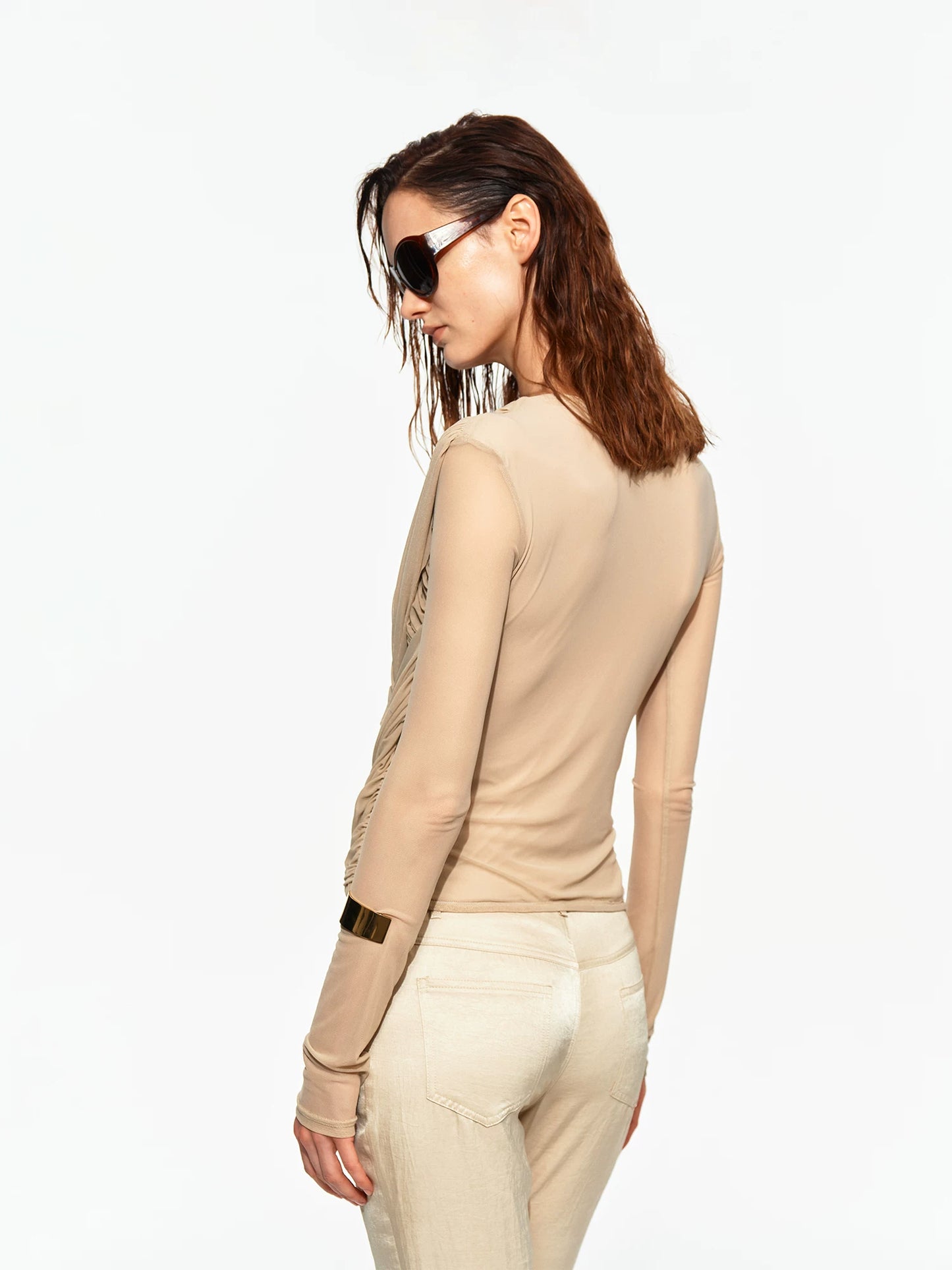 Interwoven V-Neck Fitted Long-Sleeve Top