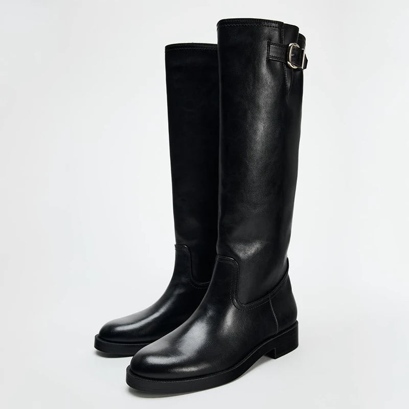 Women's Buckle Round Toe Block Heel Knee-High Boots