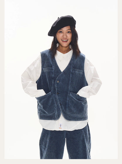 Washed Corduroy Denim Vest front view