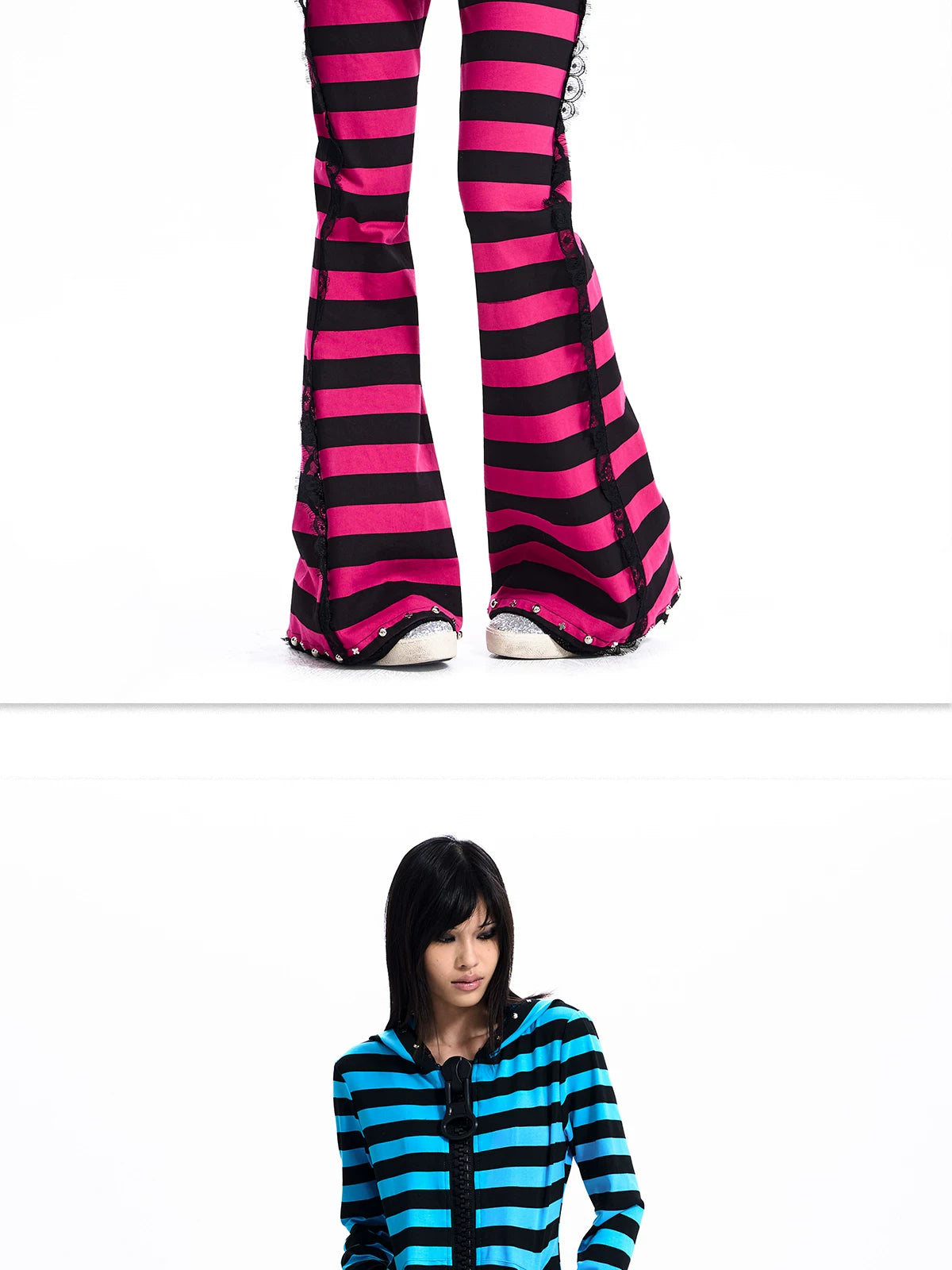 Striped Lace-Trim Flare Pants