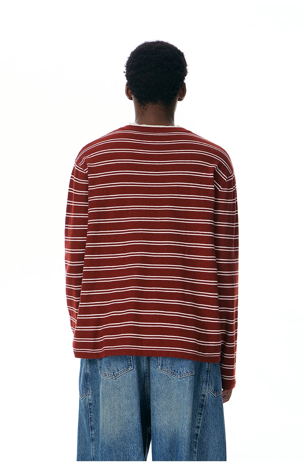 Back view of the red striped Henley sweater