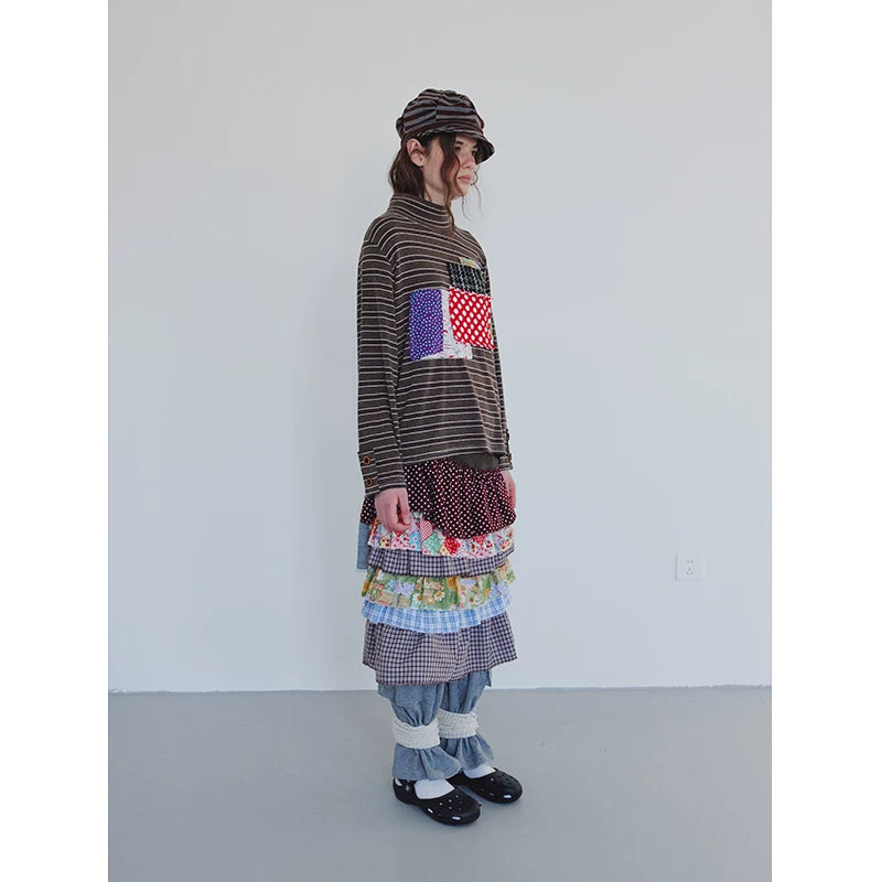 Brown Patchwork Stripe Long-Sleeve Top