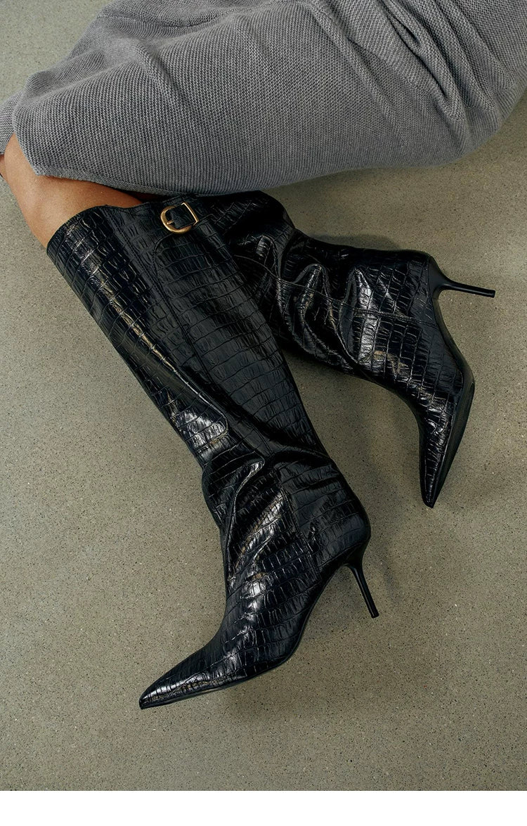 Women's Pointed Toe Buckle Knee-High Boots