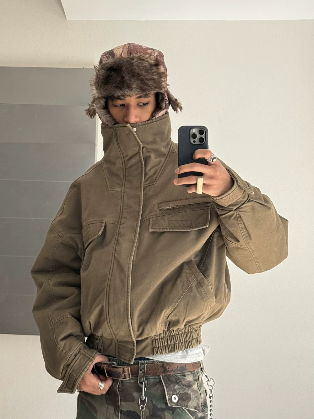 VLABMADE Distressed Faux-Fur Lined High-Collar Jacket