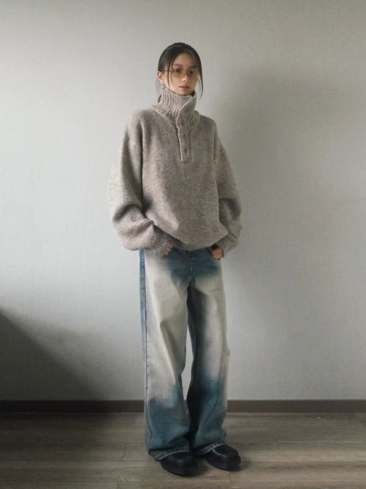 Wool-Blend Half-Button Mock Neck Sweater