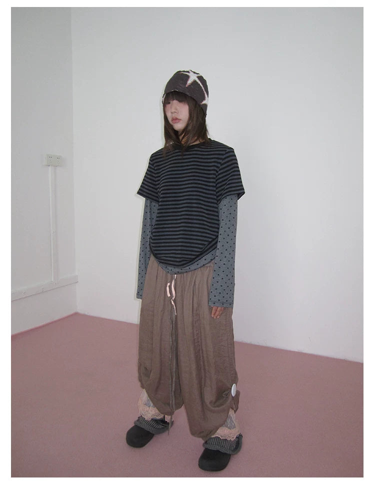 Grey Polka Dot Stripe Layered Long-Sleeve Tee