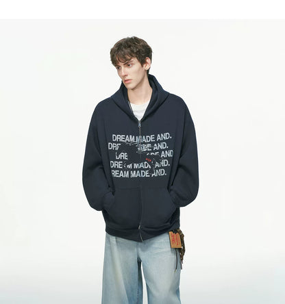 Black pullover hoodie with white printed text, worn on model, front view