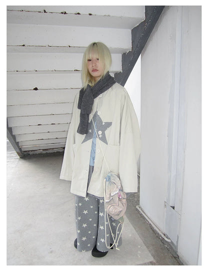 Star Print Mid-Length Button Cardigan