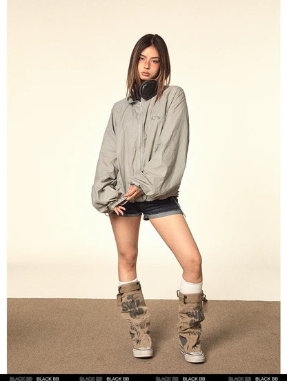 Crinkled Stand Collar Zip Jacket