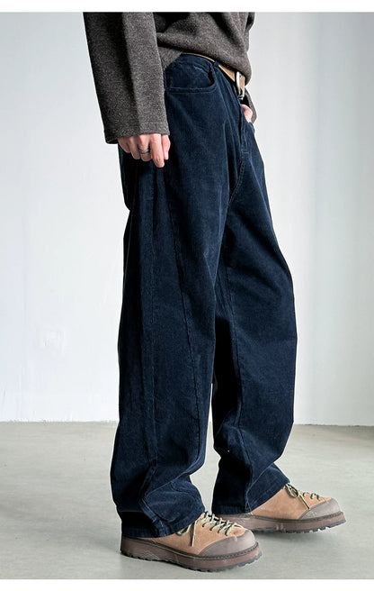 Navy cotton corduroy straight leg pants, side view