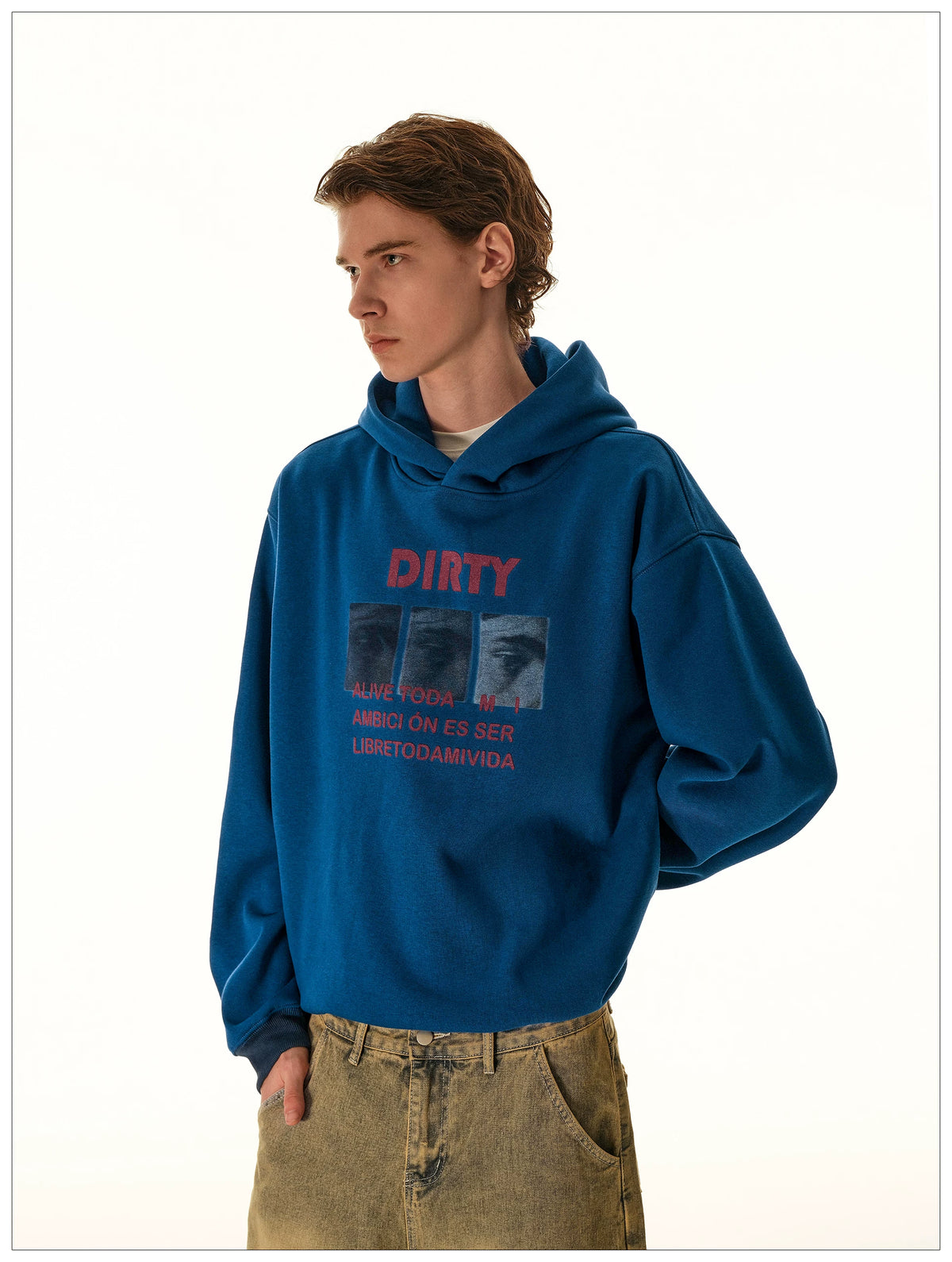 Blue graphic hoodie, side view