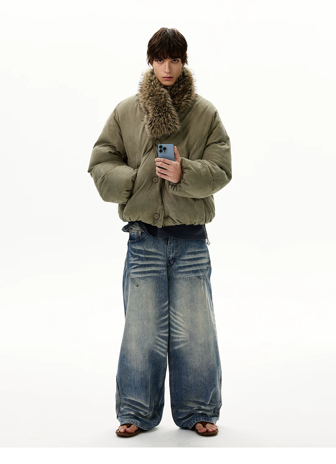 Olive padded jacket with detachable shaggy collar, front view