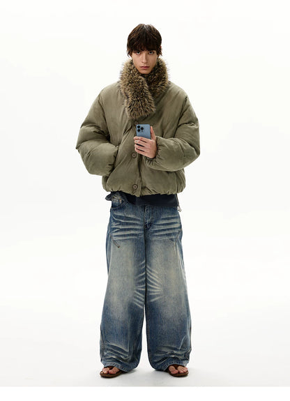 Olive padded jacket with detachable shaggy collar, front view