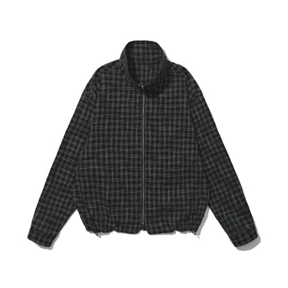 Textured Check Stand Collar Jacket in black