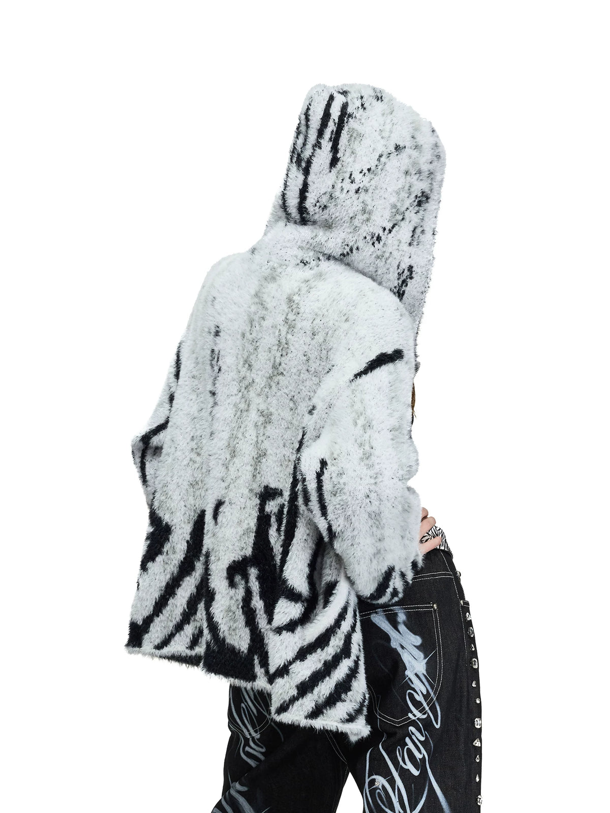 Tiger Pattern Hooded Knit Cardigan — black and white tiger pattern cardigan view