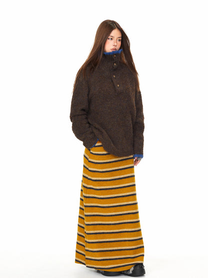 Mustard Striped Knit Midi Skirt in mustard yellow