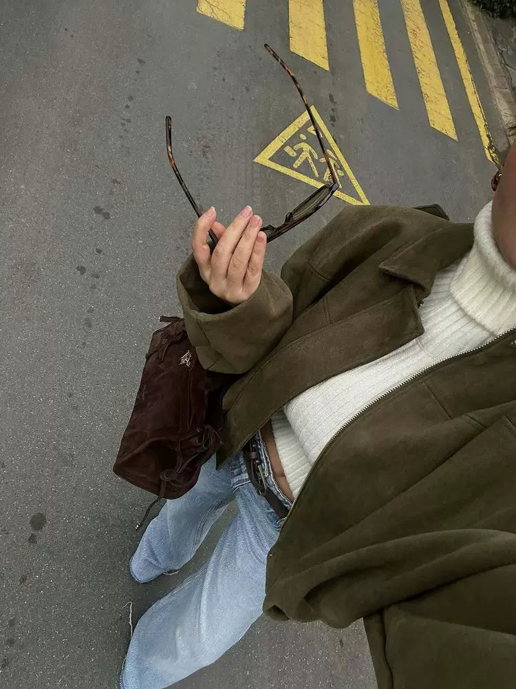 Relaxed Faux Suede Bomber Jacket