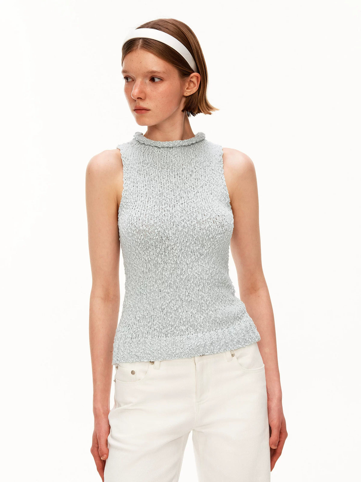 High Neck Textured Cotton Knit Tank Top - 360 view 8