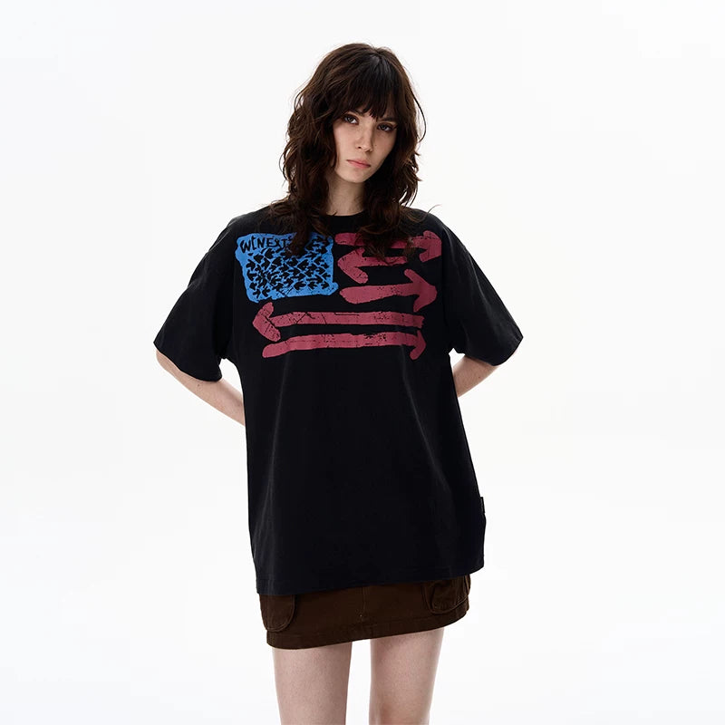Washed black vintage washed graphic T-shirt worn by a model