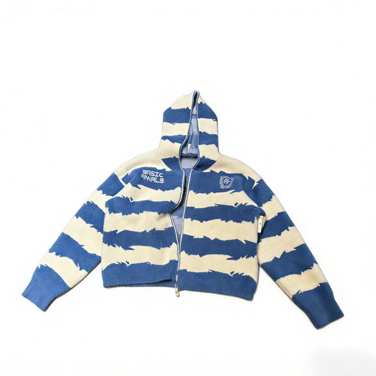 Blue and white striped hooded zip sweater, flat lay front view