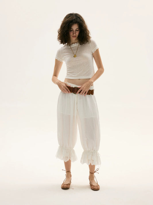 Lace-Trim Cropped Balloon Pants