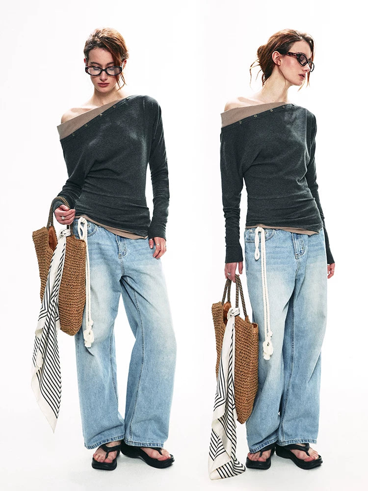 Charcoal One-Shoulder Long Sleeve Top product view