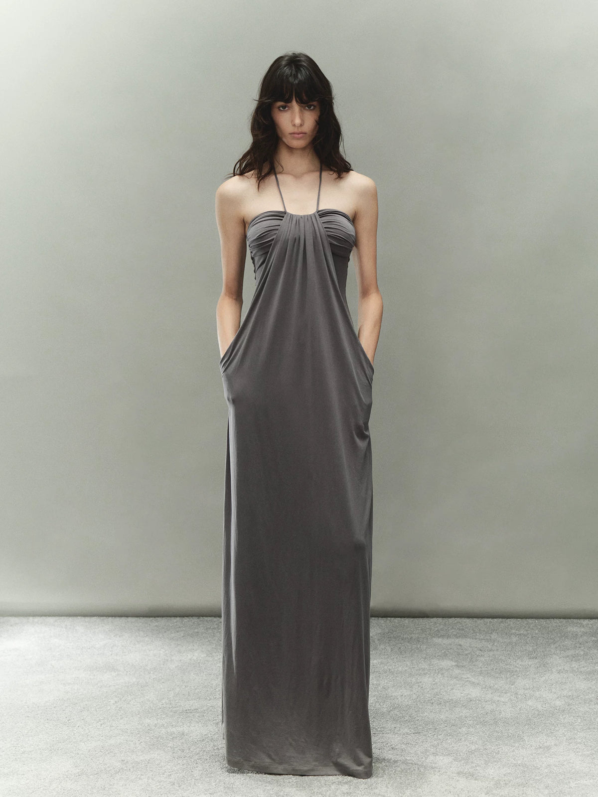 Lyocell Ruched Halter Dress with Braided Chain Detail