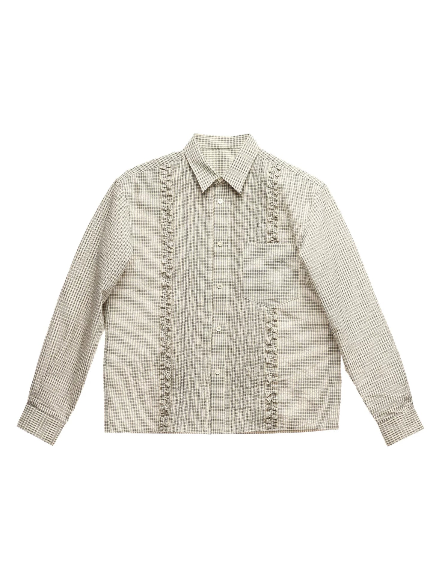 Vintage Pleated Cotton Plaid Collared Shirt